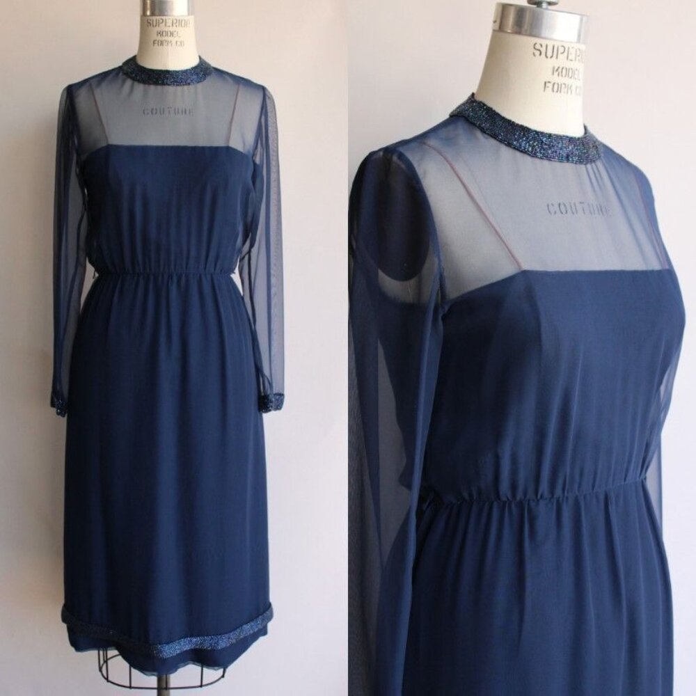 Vintage 1960s Dress, Victoria Royal Ltd. Navy Blue Cocktail Dress with Beaded Co